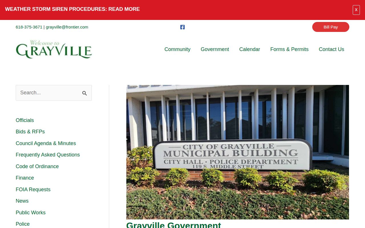 Grayville Illinois government page showing the Police Department contact section