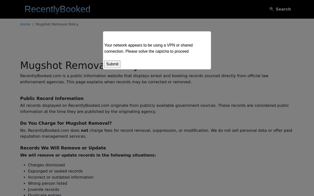 RecentlyBooked free removal suppression and correction policy