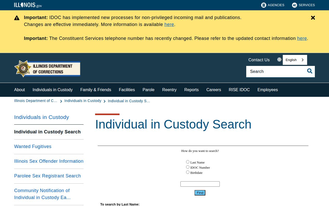 Illinois Department of Corrections custody search fields